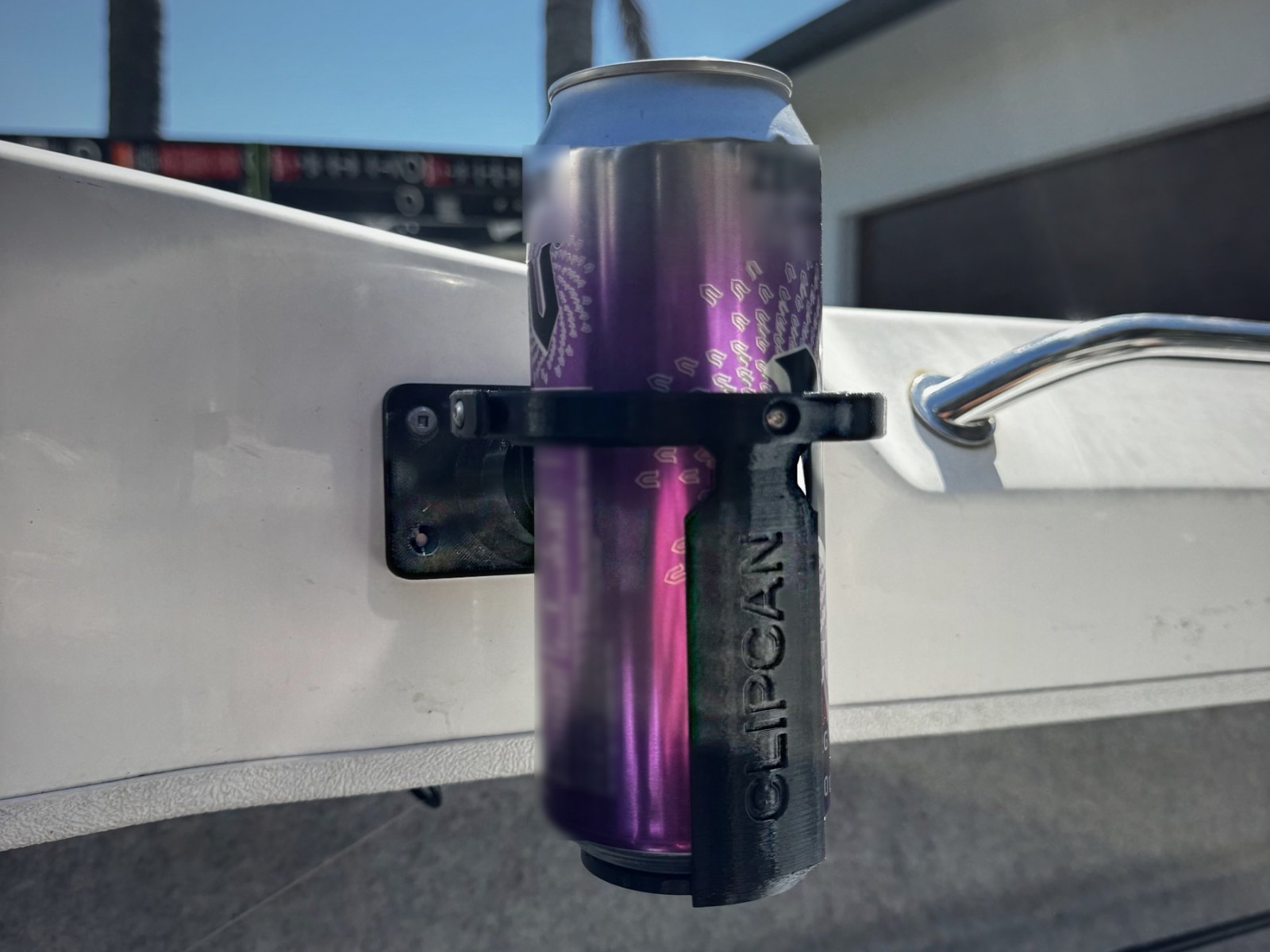 Clipcan Boat fitted beside the grab rail on a fishing boat
