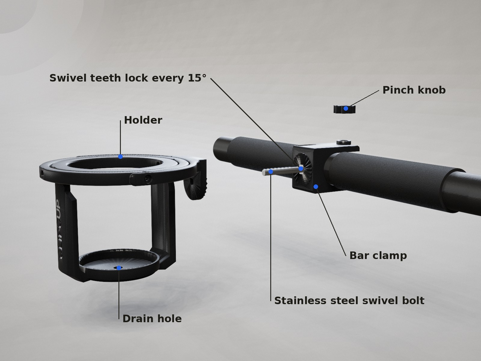 Clipcup Pushchair parts separated: holder, swivel bolt, bar clamp and pinch knob