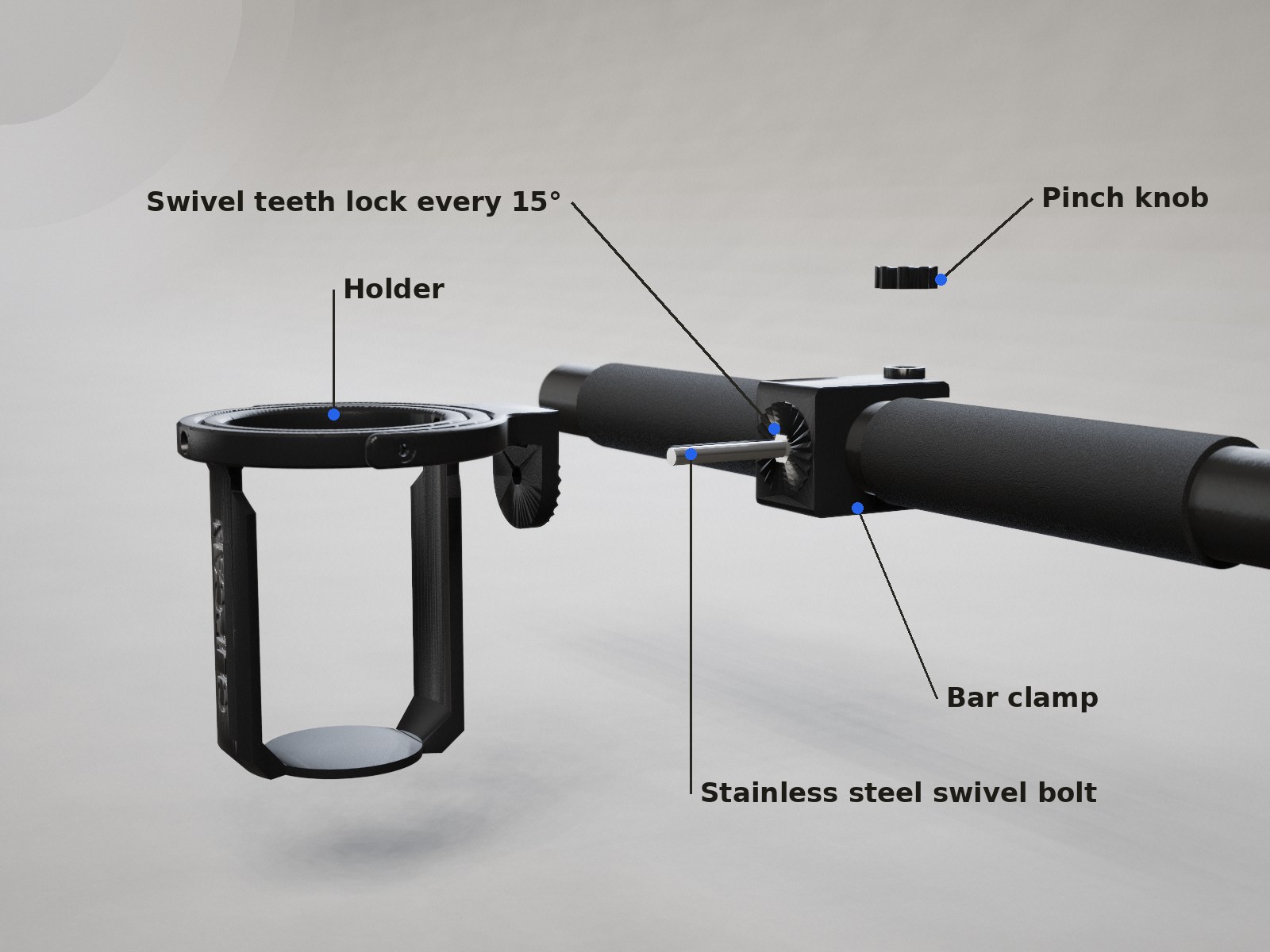 Clipcan Universal Bar Mount parts separated: holder, swivel bolt, bar clamp and pinch knob