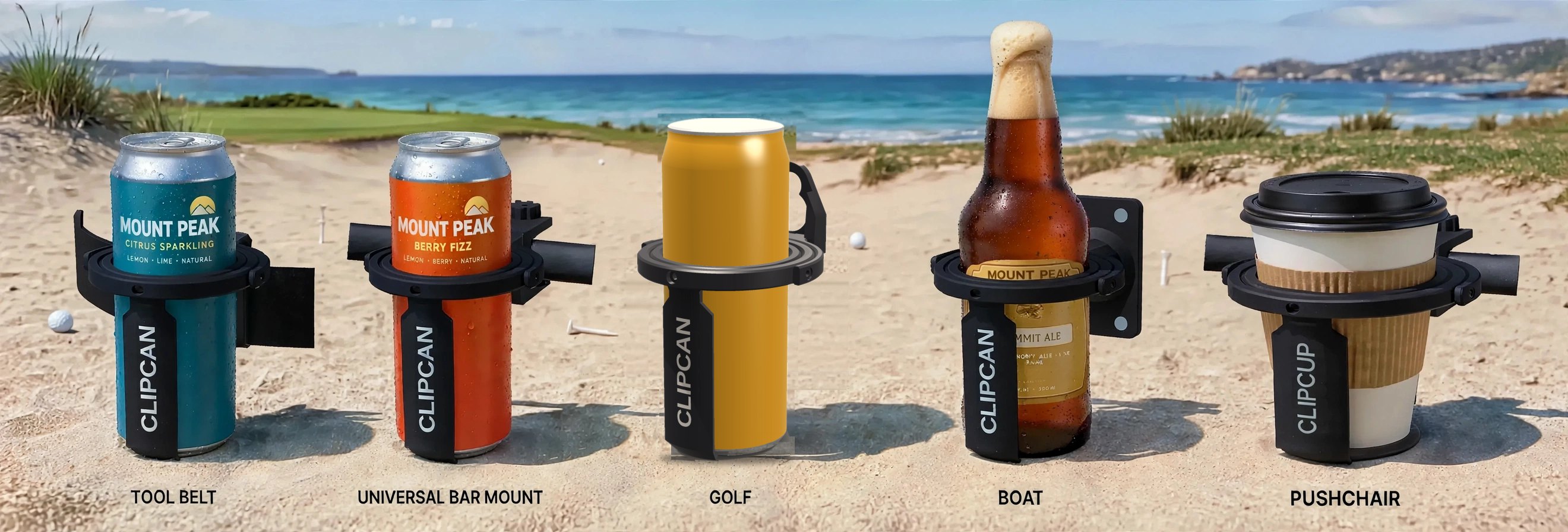 The Clipcan range lined up on the sand by the sea: Tool Belt, Universal Bar Mount, Golf, Boat and Pushchair Clipcup, each holding a drink